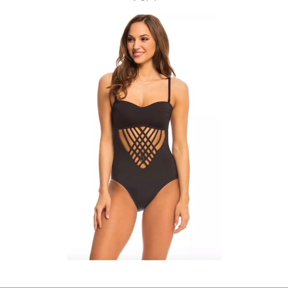 NEW Kenneth‎ Cole Strappy Hour Bandeau Cut Out One Piece Swimsuit Black [S] #478